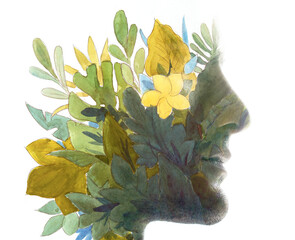 A floral paintography profile silhouette of a man on a white background