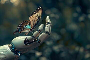 A delicate beautiful butterfly sits in the robot's hand. The concept of the fragility of life, empty space