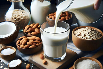 Dairy-free milk alternatives such as almond milk, soy milk, coconut milk, oat milk, and rice milk - obrazy, fototapety, plakaty