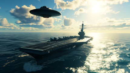 UFO over aircraft carrier - obrazy, fototapety, plakaty