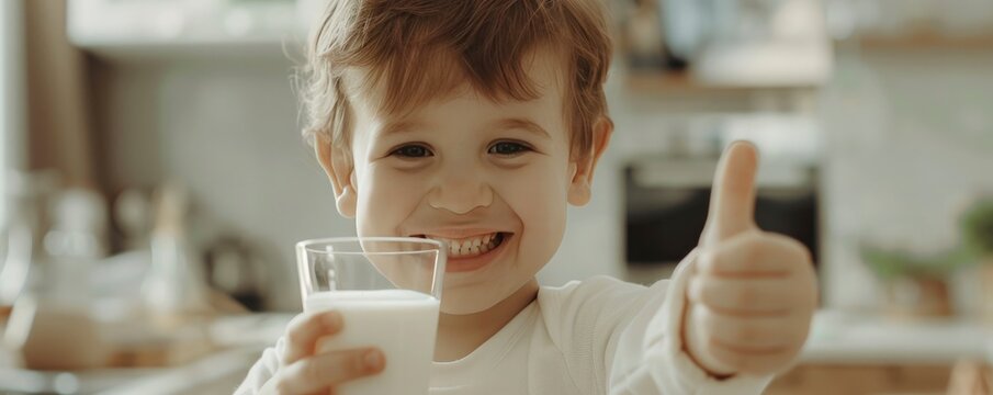 The child is cute and lovely, having a glass of milk in one hand and showing the thumbs to the other.