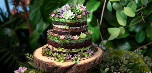 A birthday cake that looks like a lush, green terrarium, with layers of chocolate "soil," edible flowers, and fondant succulents. 32k, full ultra hd, high resolution
