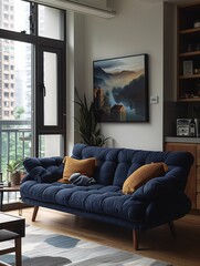 Modern Living Room with Elegant Blue Sofa and City View