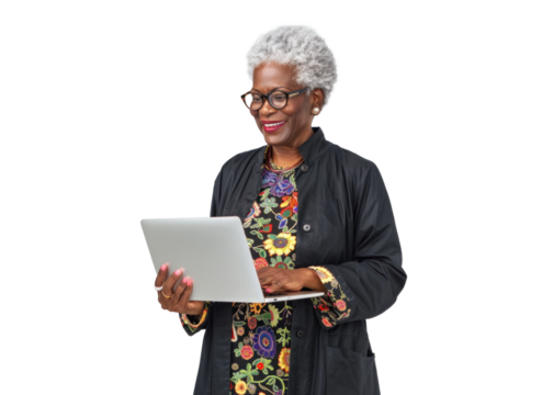 Senior Black Woman Using Laptop Happily
