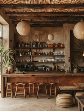 Rustic Style Bar Interior with Wooden Furniture and Woven Light Fixtures