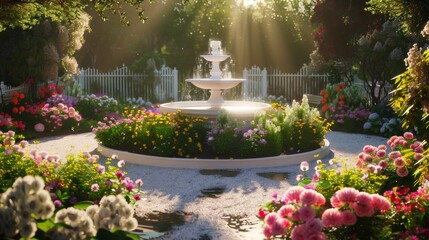 A serene sunlit garden with a white fountain centerpiece surrounded by vibrant blooming flowers and lush greenery