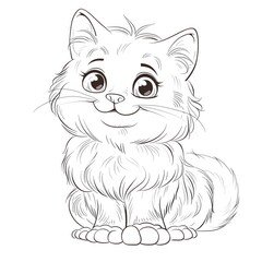 Cartoon fluffy cat with oversized paws and a mischievous grin, sitting playfully, outline for children's coloring book, white background.