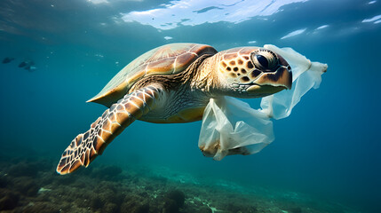 Obraz premium Plastic Pollution in Ocean - Turtle Eating Plastic Bag