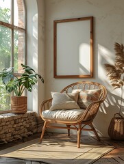 Cozy Interior with Rattan Armchair and Home Plants by Window