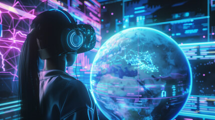 A woman wearing a virtual reality headset is looking at a computer screen with a globe on it. The scene is set in a futuristic environment with a blue and purple color scheme