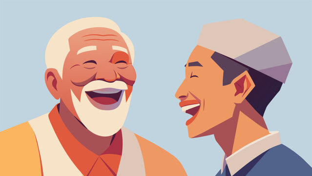 An elder from a different culture communicating with a younger generation through jokes and laughter bridging the gap between generations and