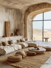 Modern Desert Cave Living Room Interior with Natural Materials
