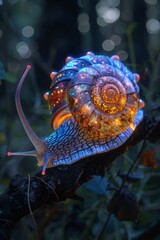 A snail with a glowing shell against a mystical night backdrop, highlighting the beauty of nature