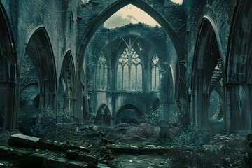 Ethereal Remnants:Amidst the Crumbling Ruins of a Gothic Abbey,Echoes of Ancient Prayers Linger in the Air - obrazy, fototapety, plakaty