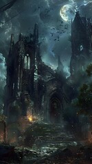 Gothic Ruins Under a Haunting Midnight Moon - A Forgotten Spirit Wanders Through Moody,Supernatural Scenery