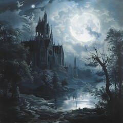 Shadows Dance Beneath the Moonlight's Ethereal Glow Across the Mysterious Gothic Landscape