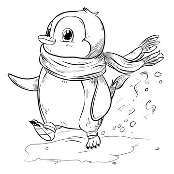 Cartoon penguin wearing a scarf and sliding on ice, whimsical outline for children's coloring book, white background.