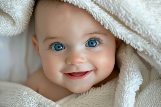 A cheerful baby with blue eyes, smiling, is shown under a white towel.