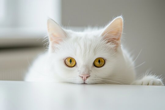 Imagen encantadora de un gato blanco con profundos ojos ámbar, mirando fijamente la cámara