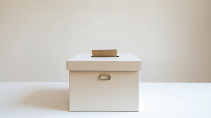 A simple beige voting box with a slot on top, against a neutral background, representing democracy and elections.