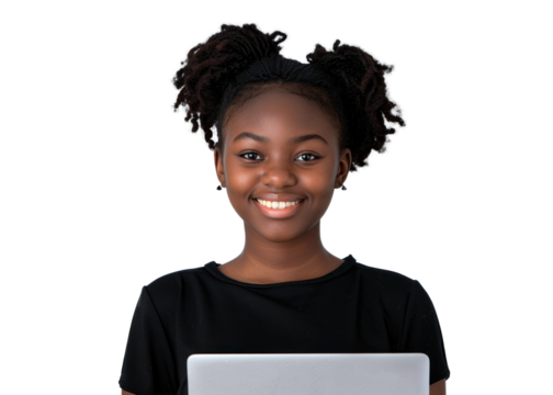 Young Girl with Laptop on Transparent Background