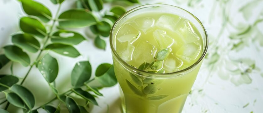 Moringa juice ayurvedic or medicinal in a glass with ice cube. With a white backdrop and moringa leaves