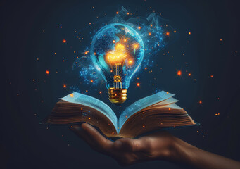 Unlocking Inspiration: Hand Holding Open Book Unveiling Lightbulb Idea - Study, Learn, Discover Creative Solutions through Literature, Wisdom Concept - obrazy, fototapety, plakaty