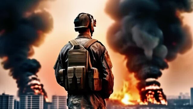 man in military uniform looks out over ruined burning modern city, soldier, war, Generative AI