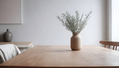 Fototapeta na wymiar Minimal Scandinavian contemporary empty wooden table with sunlight. Simplistic Home office, plant, clean. 