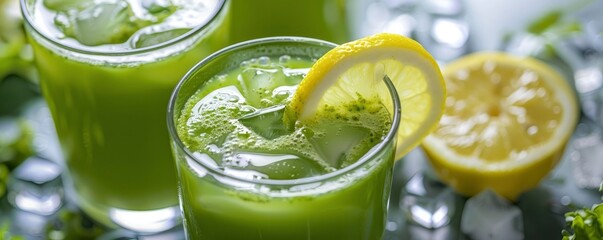 a glass of healthy green juice with lemon slice and ice cubes and blurred background with ice cubes