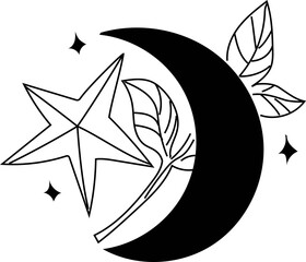 Hand drawn beautiful moon with flower illustration on transparent background.
