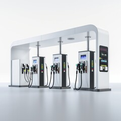 A clean, contemporary gas station with multiple fuel dispensers under a sleek canopy.