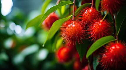 Vibrant red rambutan fruits ripe and ready for harvest on a lush tree