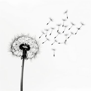 Black and white image of a dandelion with seeds dispersing in the wind.