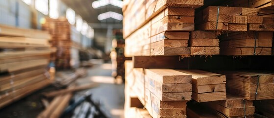 Wooden beams stacked in the warehouse closeup - obrazy, fototapety, plakaty