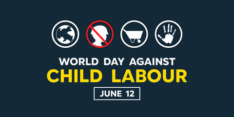 World Day Against Child Labour. Earth, child, cart and hand. Great for cards, banners, posters, social media and more. Black background. 
