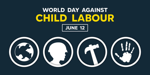 World Day Against Child Labour. Earth, child, hammer and hand. Great for cards, banners, posters, social media and more. Black background.