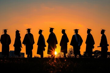 Fototapeta premium A group of diverse college graduates in cap and gown celebrating their success at dawn outside in silhouette form, back to the rising sun.