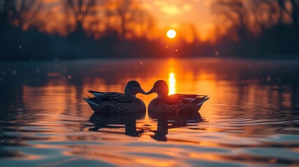 Two ducks create a heart shape on a lake at sunset