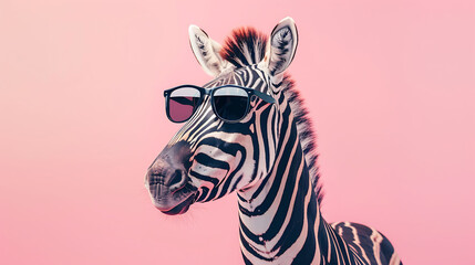 Naklejka premium Creative animal concept. Zebra in sunglasses isolated on solid pastel background, commercial, editorial advertising,