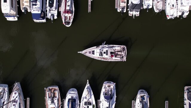 A boat in port of Vannes in Morbihan seen from a drone