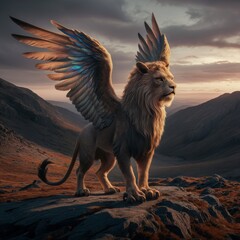 A magnificent winged lion stands atop a rocky peak, with expansive wings unfurled against the painted sky of sunset over rugged mountains.