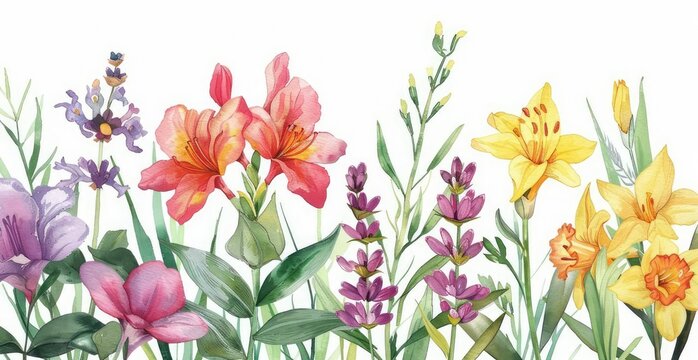 spring azalea, lavender, daffodil, lily flowers, sparse, watercolors, hand-drawn , white background