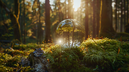 crystal ball on moss in the forest - environmental concept - obrazy, fototapety, plakaty