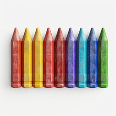 Set of chunky toddler crayons in a rainbow of colors, non-toxic and easy grip, realistically rendered in 3D, white background.