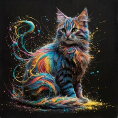 This vivid artwork captures a cat adorned with a rainbow of splatter paint, adding a whimsical and artistic twist to the feline's natural elegance.