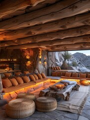 Rustic Desert Resort Lounge with Geometric Patterns and Warm Lighting