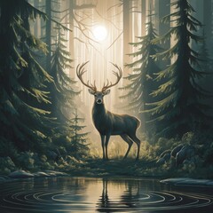 In the serene hush of dawn, a majestic stag stands by a still pond in a misty forest, the morning sun casting a halo through its magnificent antlers.
