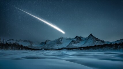 A breathtaking nightscape depicts a brilliant comet streaking across the star-studded sky, above the serene, snow-covered peaks of a mountain range.