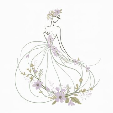 This minimalist fashion illustration depicts an elegant figure in a flowing gown, intricately designed with subtle lines and adorned with soft purple flowers.